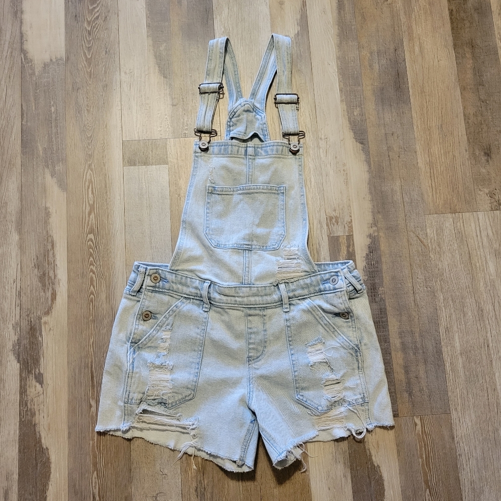 Women’s Hollister Boyfriend Distressed light wash Denim Short Overalls small